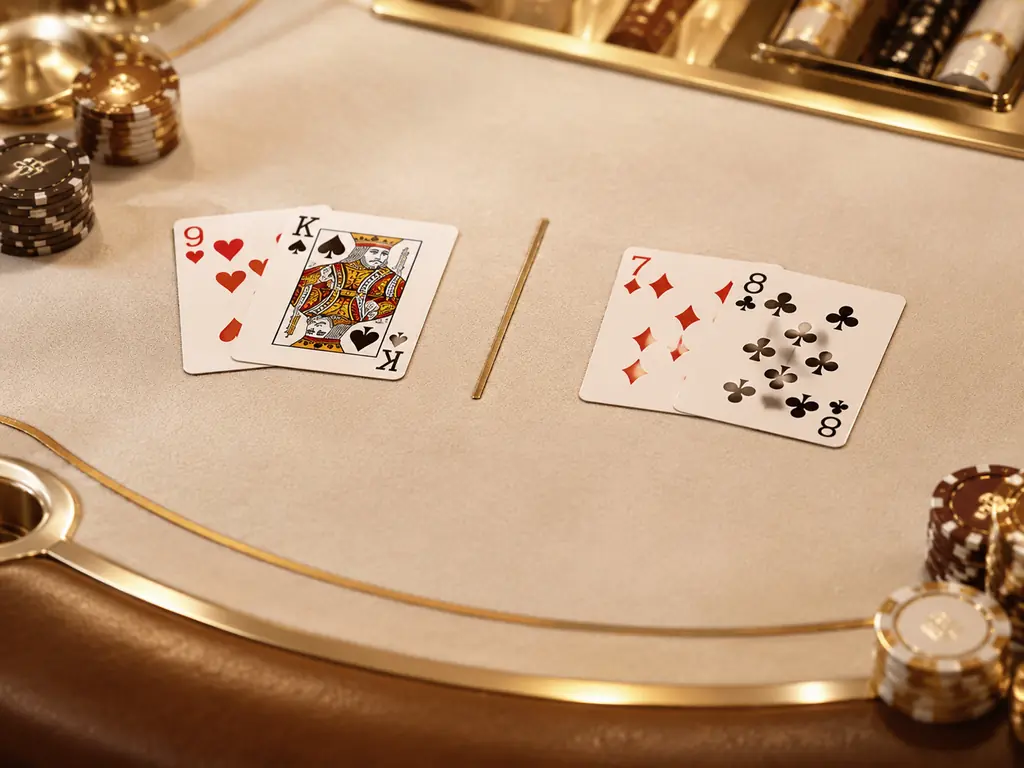 Dua kelompok kartu terpisah di atas kain meja baccarat