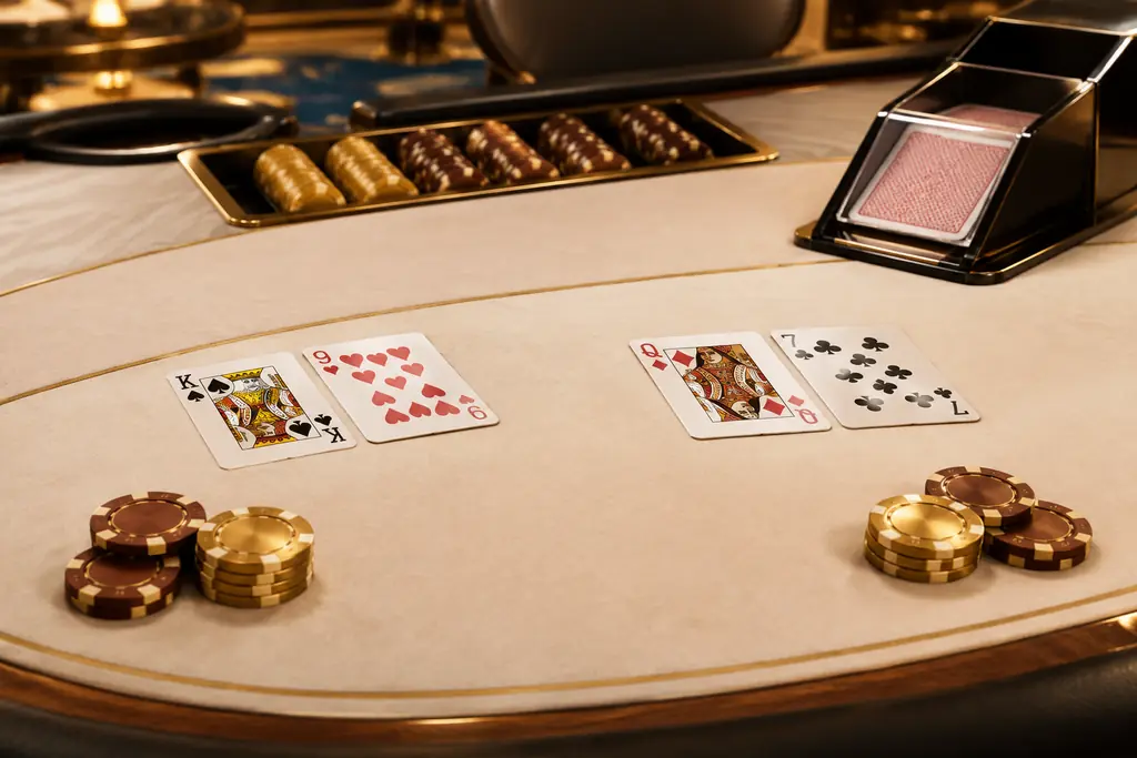 Dua kelompok kartu dan keping di meja baccarat