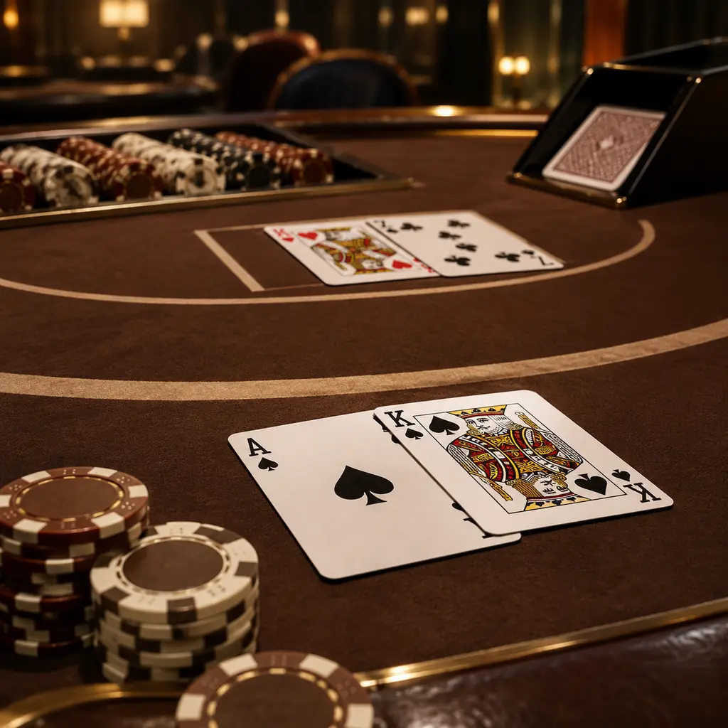 Kartu remi terbuka dan keping pada meja blackjack