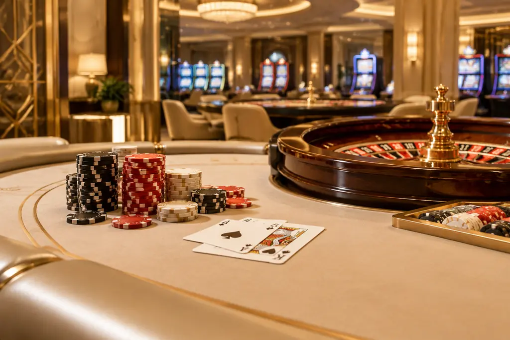 Meja kartu dan roda roulette dalam interior kasino bercahaya hangat