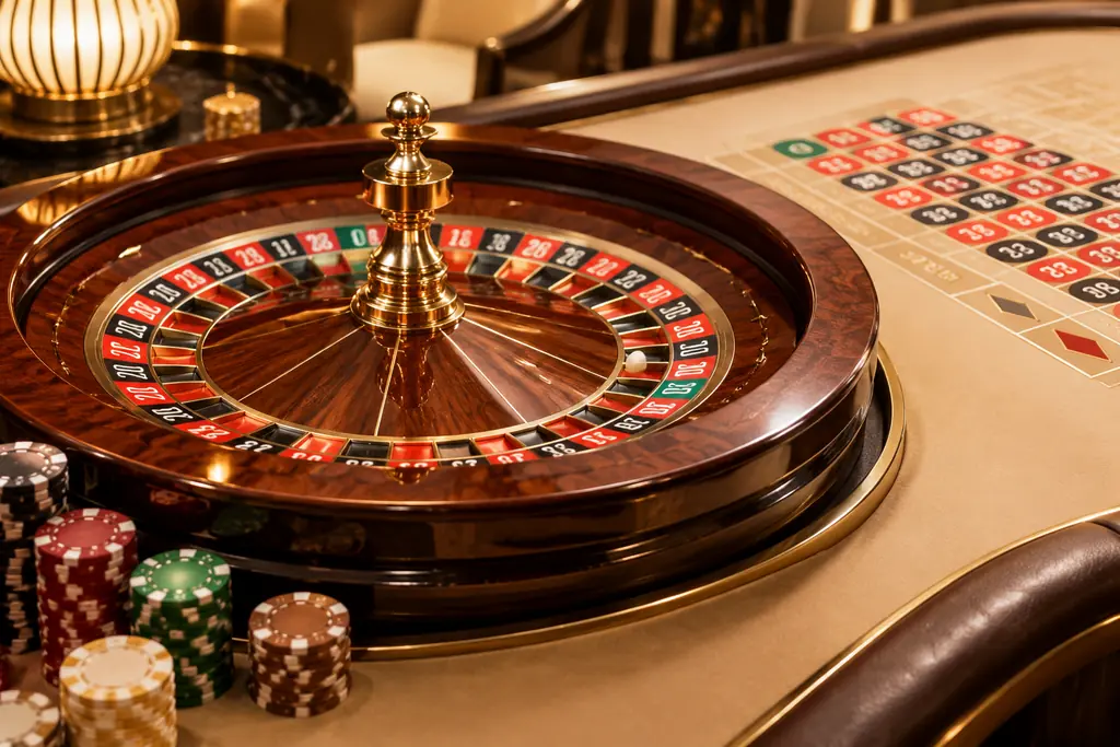 Roda roulette kayu dan keping di atas meja