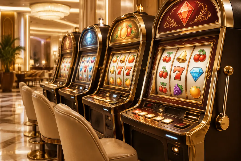Deretan kabinet slot dalam suasana kasino hangat