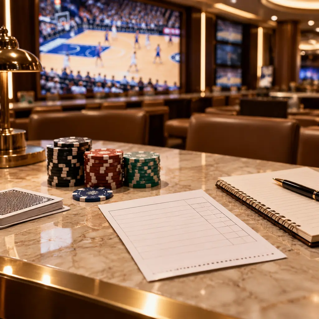 Catatan pertandingan dan keping pada meja sportsbook kasino