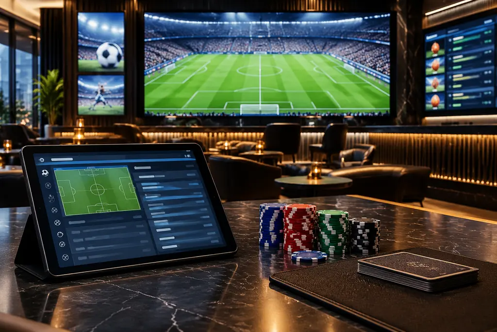 Perangkat taruhan olahraga dengan lapangan sepak bola di layar